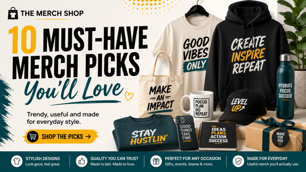 The Merch Shop blog cover featuring 10 must-have merch picks including a t-shirt, hoodie, tote bag, mug, cap, water bottle, sweatshirt, phone accessory, notebook, and gift bundle.
