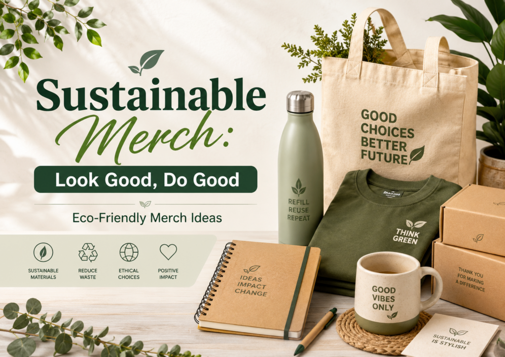 Sustainable merch blog cover showing eco-friendly branded tote bags, reusable bottle, t-shirt, mug, notebook and recyclable packaging.